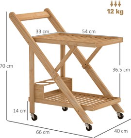 Carrello da Cucina Portavivande Pieghevole 66x40x70 cm a 2 Livelli con Portabottiglie in Legno di Bambù...