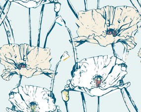 Carta da parati – Papaveri fioriti in versione blu-beige