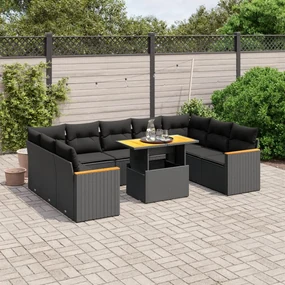 Set divani da giardino 10pz con cuscini in polyrattan nero