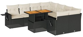 Set divani da giardino 9 pz con cuscini nero in polyrattan