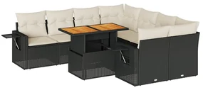 Set divani da giardino 9 pz con cuscini nero in polyrattan