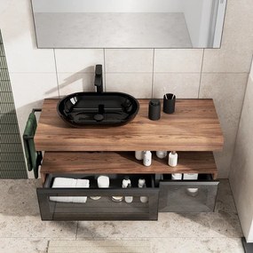 Mobile da bagno sospeso Star con top integrato L 120.3 x H 30 x P 46 cm noce walnut, 2 cassetti a sinistra con frontale in vetro Dark Grey