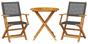 Set da bistrot 3 pz nero in polyrattan e legno massello