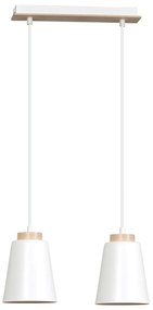 Lampadario 2 Luci Lancillotto Con Paralumi A Cono In Acciaio Bianco E Legno Naturale