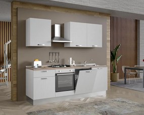 Cucina montata Dora bianco spatolato, lavello a destra, L 240 cm, completa di: cappa a camino, piano cottura a gas, forno e lavastoviglie