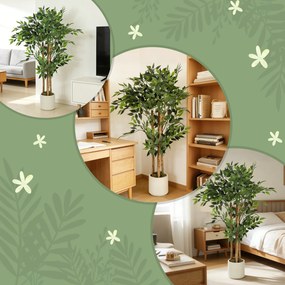 Pianta Artificiale di Baniano Alta 120 cm Verde in PEVA e Legno con Vaso Contenitore in PP e Cemento Bianco...