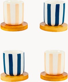 Set di 4 tazzine da caffè in ceramica a righe con piattini in legno Twine