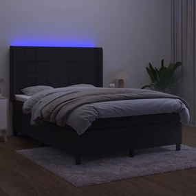 Letto a molle con materasso e led nero 140x200 cm in velluto