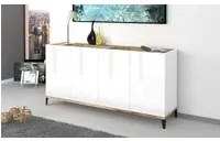 Credenza moderna a 4 ante, Made in Italy, Madia da cucina rialzata, Buffet di design da soggiorno, Cm 160x40h82, Bianco lucido e Acero