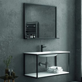 Kamalu - composizione bagno metallica nera 100cm con lavabo e ripiano solid surface, specchio nero nico-100n