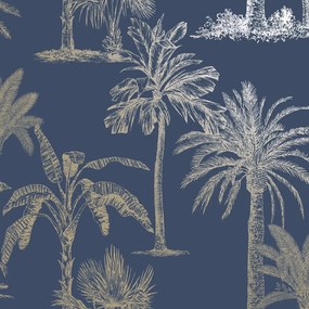 DUTCH WALLCOVERINGS Carta da Parati Alberi Tropicali Blu e Argento