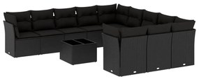 Set Divani da Giardino 12 pz con Cuscini Nero in Polyrattan