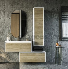 Mobile bagno Quercia bianco lucido 80x47 Siena due cassetti con colonna ad anta push&pull e lavabo integrato