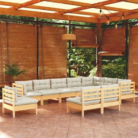 Set divani da giardino 10 pz con cuscini crema massello di pino