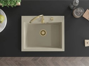 Mexen Elix lavello in granito a 1 vasca 600 x 500 mm, beige, sifone dorato - 6525601005-69-G