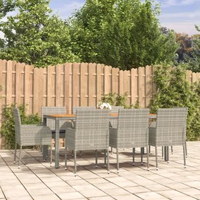 Set da pranzo da giardino 9 pz con cuscini in polyrattan grigio