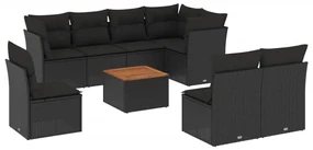 Set divani da giardino 9 pz con cuscini nero in polyrattan