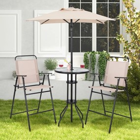 Costway Set mobili da bar da esterno 4 pezzi, Tavolo alto rotondo con 2 sedie pieghevoli alte e ombrellone per giardino Beige