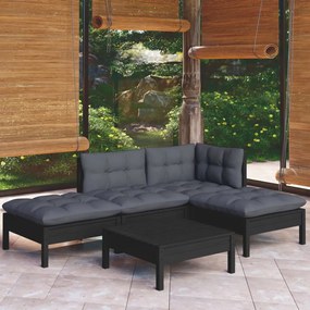 Set divani da giardino 5 pz con cuscini neri in legno di pino