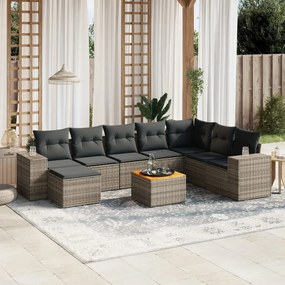 Set divano da giardino 9 pz con cuscini grigio in polyrattan