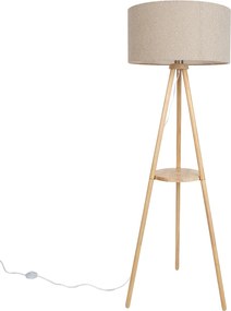 Lampada da terra a treppiede in legno con paralume in tessuto teddy beige 50 cm - Lou