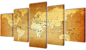 Set Stampa Su Tela Da Muro 5 Pz Mappa Del Mondo 100 X 50 Cm /