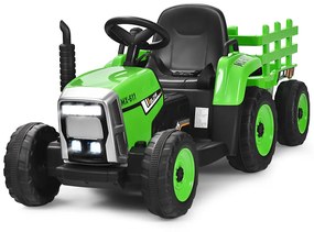 Costway Trattore con rimorchio 12 V per bambini, Giocattolo elettrico con 3 marce luci LED musica clacson Verde