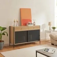 Mobile Porta TV Tysnes con 2 Cassetti e Scomparto Chiuso - Effetto Rovere / Nero [en.casa]