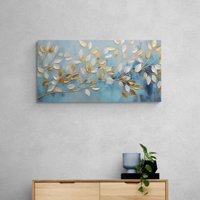Quadro su tela – Foglie oro-bianche su sfondo blu