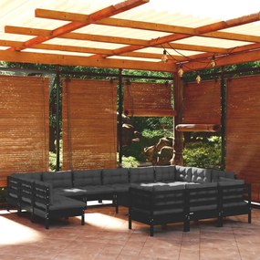 Set divani da giardino 14 pz con cuscini neri in legno di pino