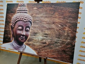 Stampa su tela – Statua del Buddha su sfondo di legno