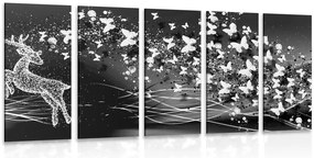 Quadri 5 pezzi – Splendido cervo con farfalle in bianco e nero