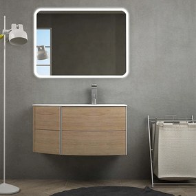 Mobile da bagno Rovere tabacco sospeso 60 cm Rio curvo asimmetrico con specchio led, lavabo a destra