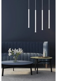 Lampadario 4 Luci Moderno Shu Acciaio Bianco E Paralumi A Cilindri Sottili
