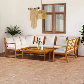 Set divani da giardino 9 pz con cuscini crema in legno acacia