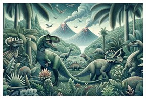 Quadro su tela – Dinosauri nella giungla con vulcani