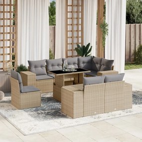 Set divano da giardino 9 pz con cuscini beige in polyrattan