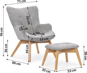 Poltrona con poggiapiedi grigia con rivestimento in velluto a coste Niko – Ropez