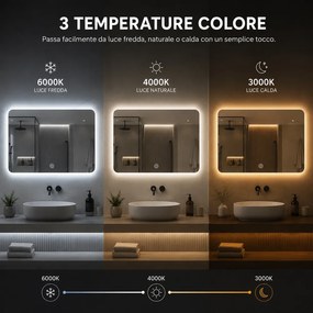 Specchio Rettangolare 70x50 cm con LED 3 Colori Dimmerabile Pulsante Touch...