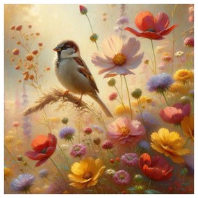 Quadro su tela – Uccellino nella natura in fiore