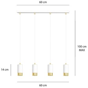 Lampadario 4 Luci Fumiko Con Cilindri In Acciaio Bianco E Oro