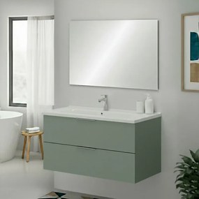 Mobile bagno sospeso 100cm verde opaco con cassetti lavabo e specchio Elva