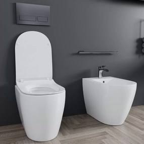 Coppia Sanitari Filomuro Filo Muro Filo Parete Vaso WC E Bidet Design Moderno In Ceramica Con Copriwater Chiusura Soft Close Chiusura Rallentata Colore Bianco