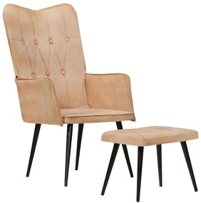 Poltrona Wingback Con Poggiapiedi Crema İn Tela /