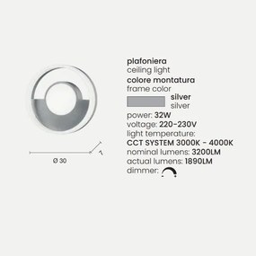 Plafoniera in metallo Argento con diffusore perimetrale D30 cm Led ELISA