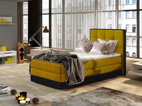 Letto singolo boxspring Lima - Tessuto giallo + ecopelle nero