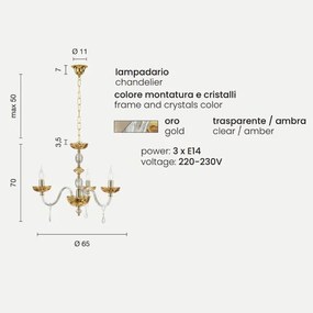 Lampada a sospensione PATRICIA in vetro e cristallo Ambra 3 LUCI