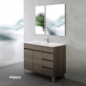 Mobile Bagno A Terra "Mondo 2.0" Da 102 Cm Composto Da Due Ante E Tre Cassetti Lavabo E Specchio Finitura Rovere Scuro