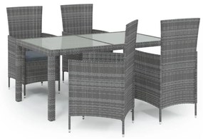 Set da pranzo da esterno 5 pz con cuscini in polyrattan grigio