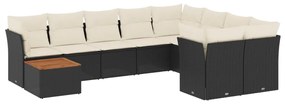 Set divani da giardino 10pz con cuscini in polyrattan nero